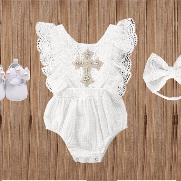Christening Dress White Lace Romper Boho First Birthday Outfit Baptism Clothes